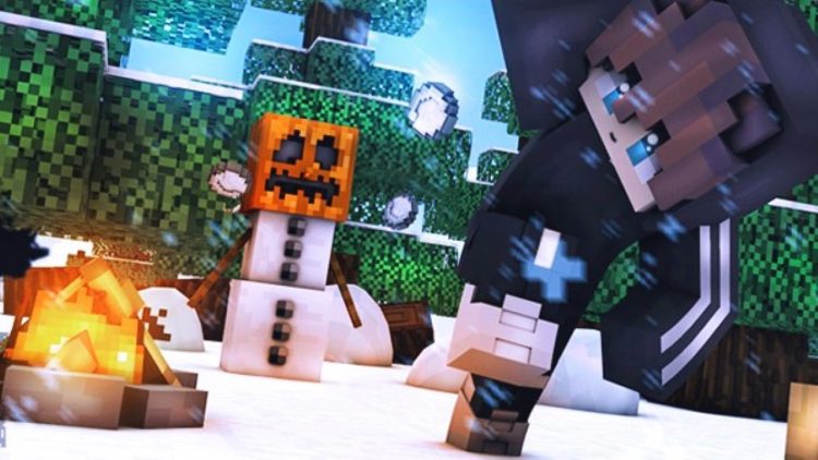 Personagem do Minecraft desvindo das bolas de neve de um golem de neve, a situação se ambienta no bioma de taiga nevada.